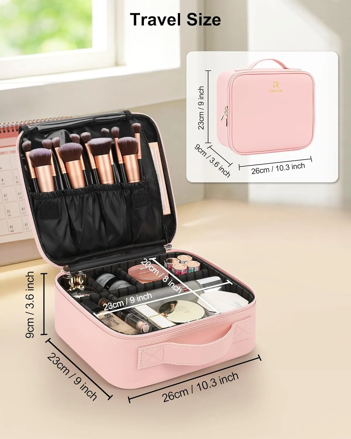 Relavel Travel Makeup Train Case Makeup Cosmetic Case Organizer Portable Artist Storage Bag with Adjustable Dividers for Cosmetics Makeup Brushes Toiletry Jewelry Digital Accessories (Pink)