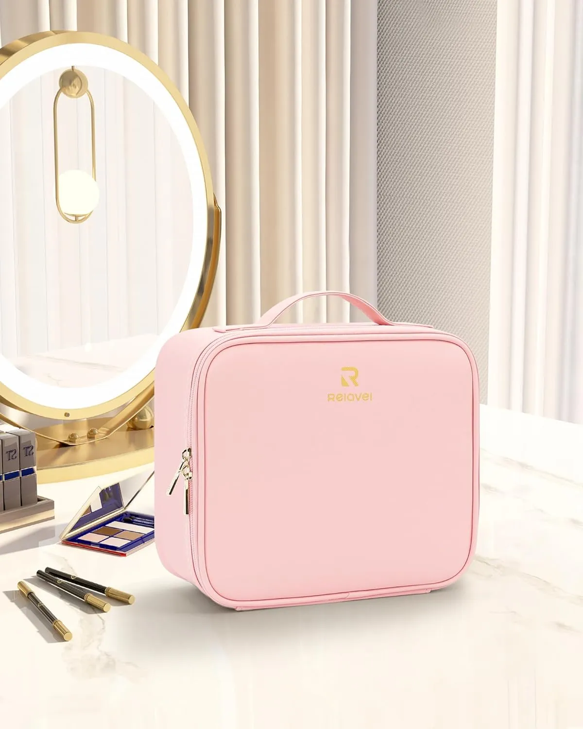 Relavel Travel Makeup Train Case Makeup Cosmetic Case Organizer Portable Artist Storage Bag with Adjustable Dividers for Cosmetics Makeup Brushes Toiletry Jewelry Digital Accessories (Pink)