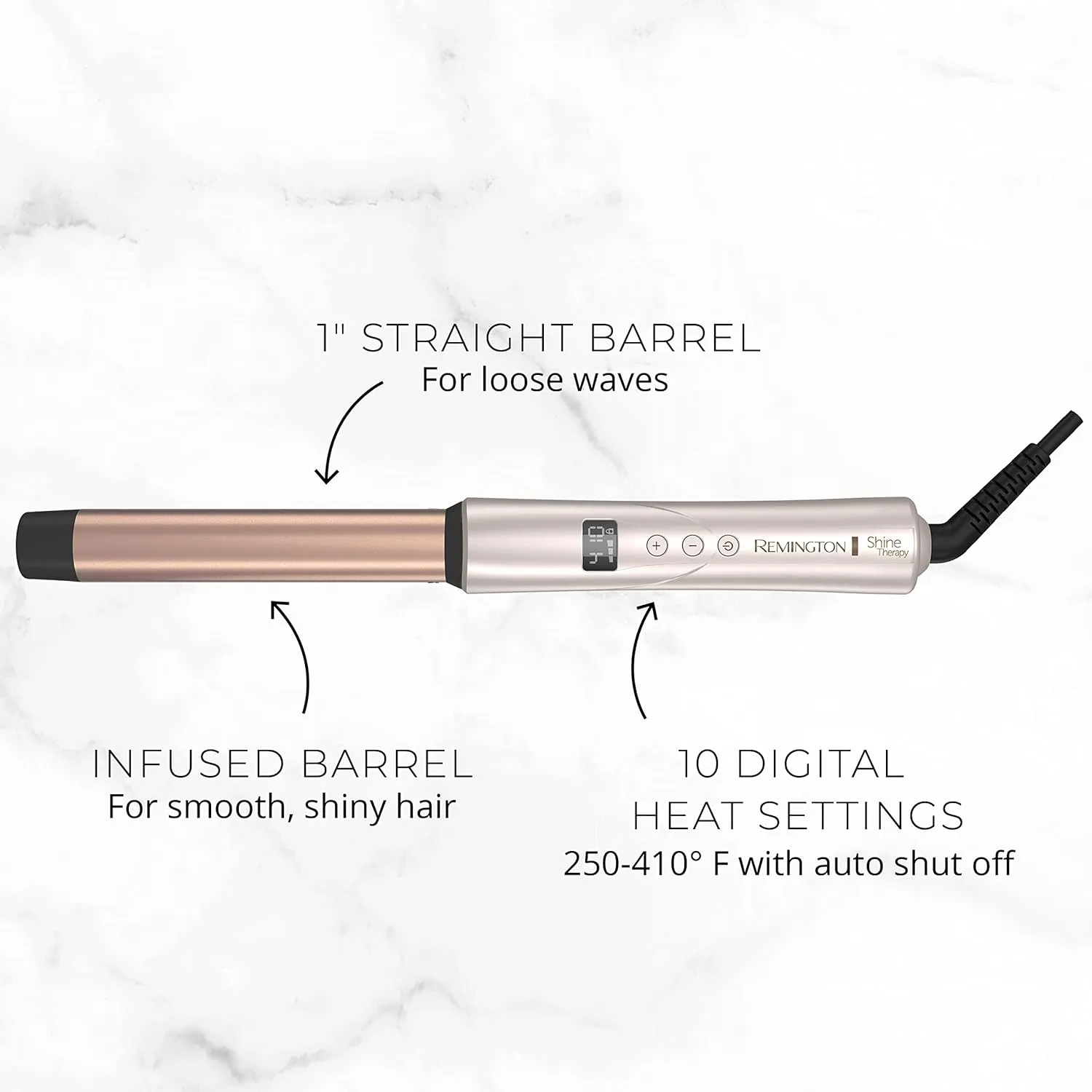 REMINGTON Shine Therapy Argan Oil & Keratin Infused 1 Inch Straight Barrel Curling Wand for Loose Waves, Includes Heat Glove