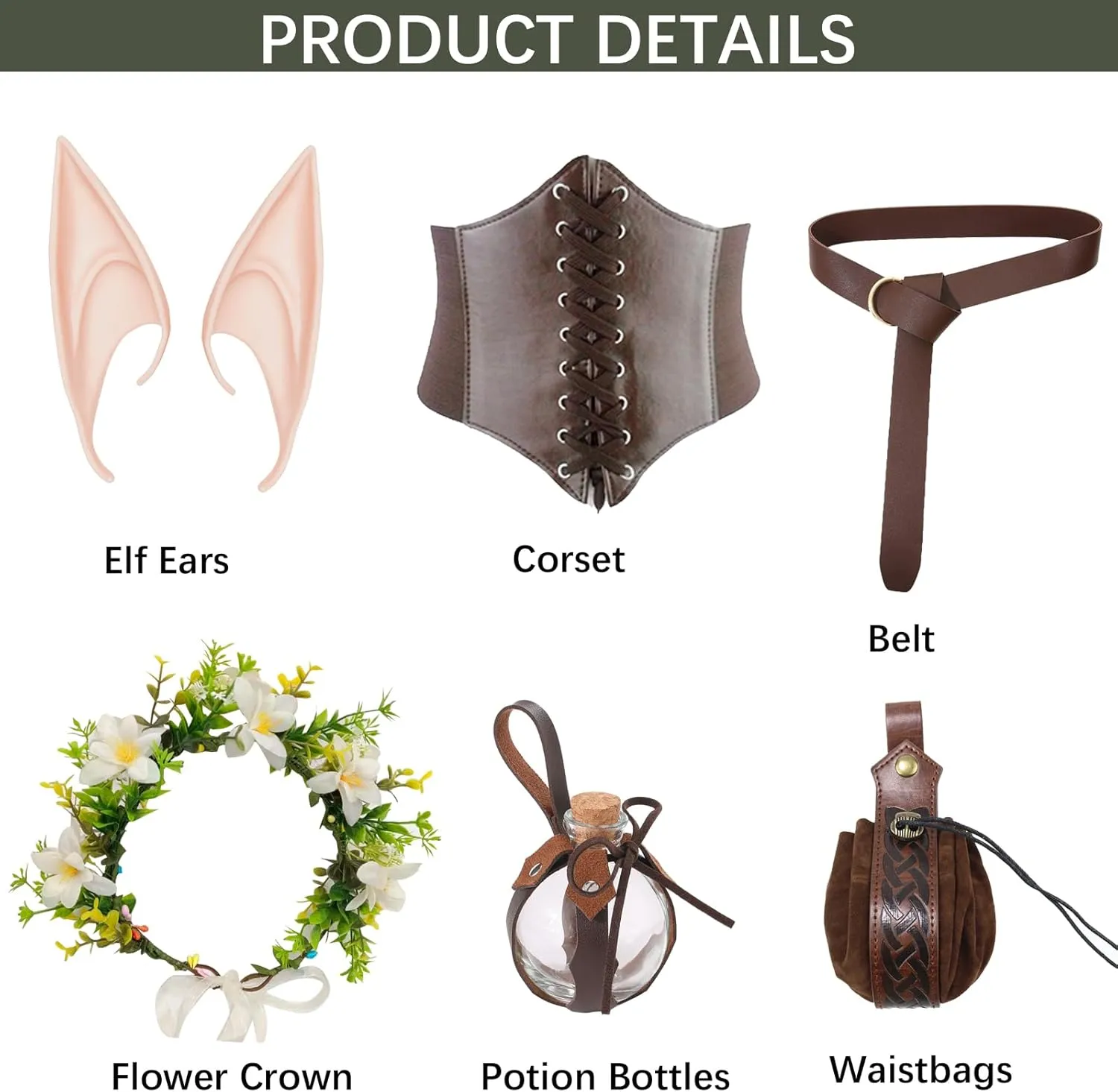 Renaissance Costume for Women Medieval Dress with Pouch Corset Belt Elf Ears Floral Bottle Hoop Crown for Halloween