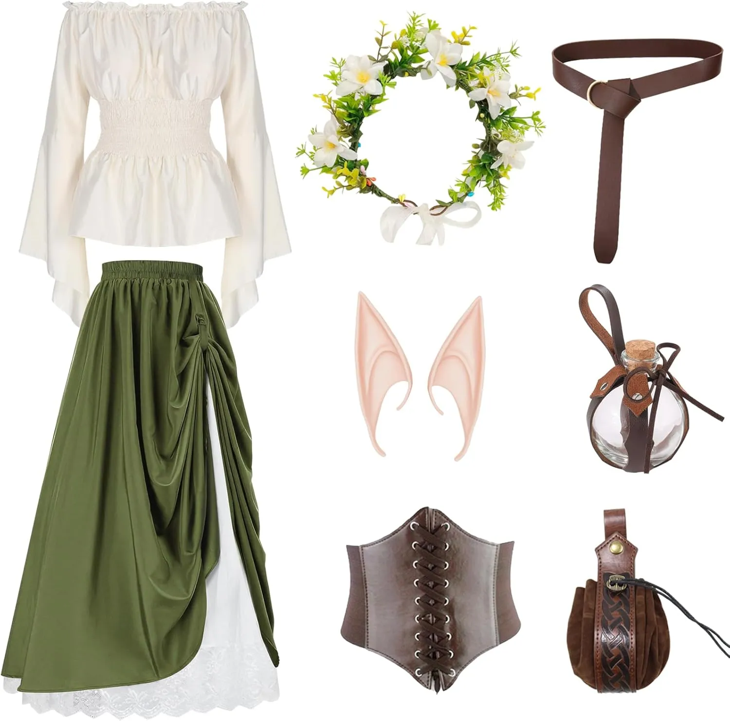 Renaissance Costume for Women Medieval Dress with Pouch Corset Belt Elf Ears Floral Bottle Hoop Crown for Halloween