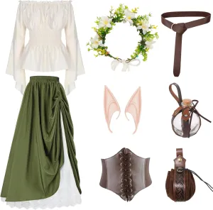 Renaissance Costume for Women Medieval Dress with Pouch Corset Belt Elf Ears Floral Bottle Hoop Crown for Halloween