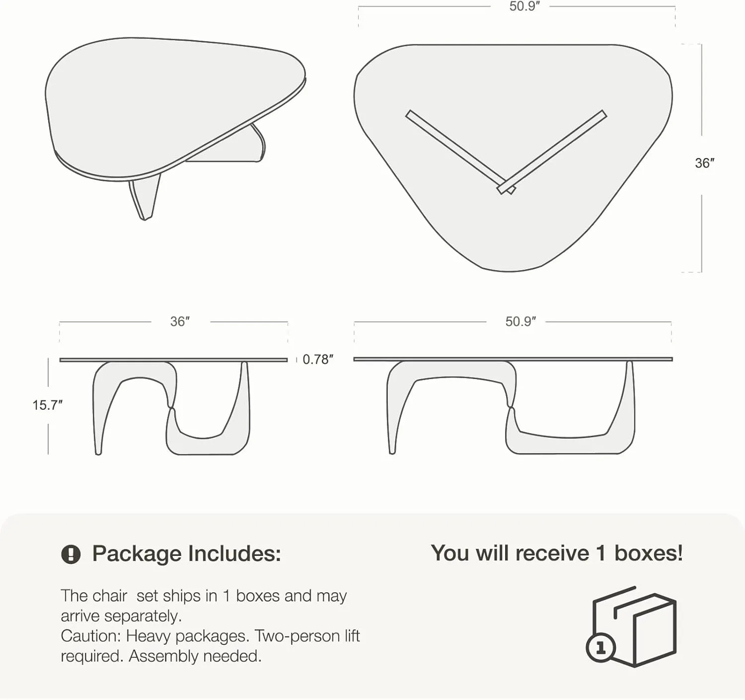 Resonance Noguchi Coffee Table 0.75″ Tempered Glass Top Solid Wood Base Accent Table Self-Stabilizing Support 50.9 * 36.1 * 15.7 Triangle Clear Glass Tabbles for Living Room - Dark Walnut