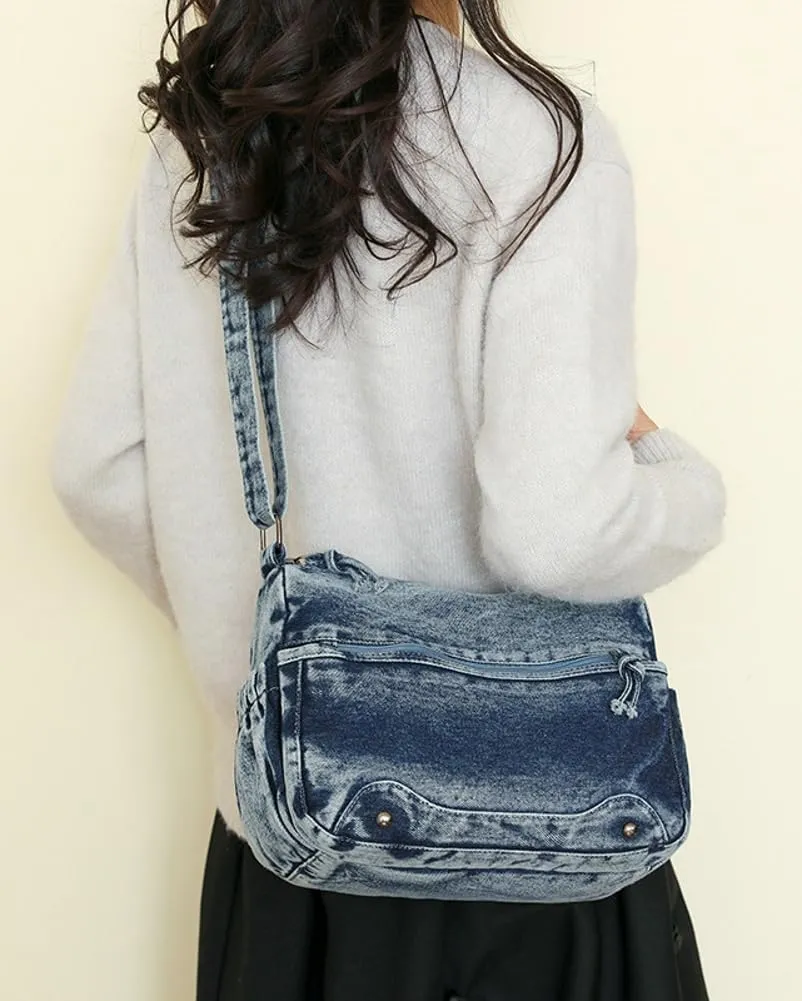 Retro Crossbody Bag for Women Casual Denim Shoulder Bag Soft Canvas Handbags Purses Large Tote Bag