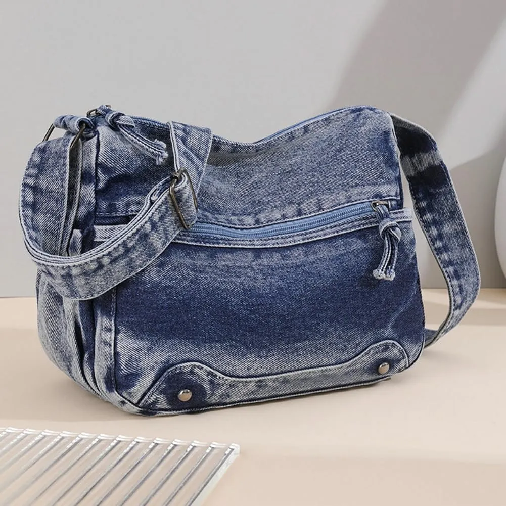 Retro Crossbody Bag for Women Casual Denim Shoulder Bag Soft Canvas Handbags Purses Large Tote Bag
