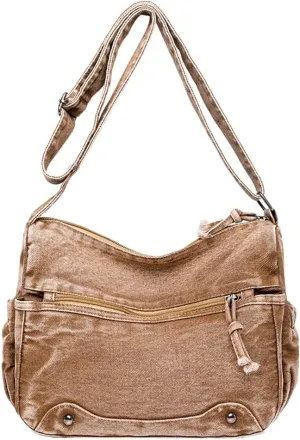 Retro Crossbody Bag for Women Casual Denim Shoulder Bag Soft Canvas Handbags Purses Large Tote Bag