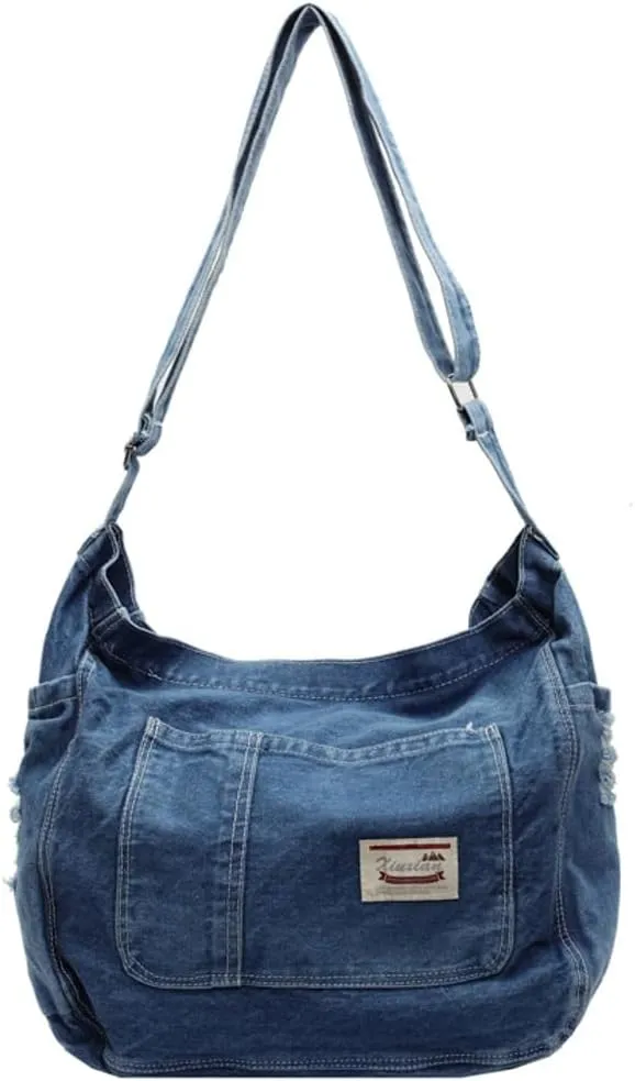 Retro Crossbody Bag for Women Casual Denim Shoulder Bag Soft Canvas Handbags Purses Large Tote Bag