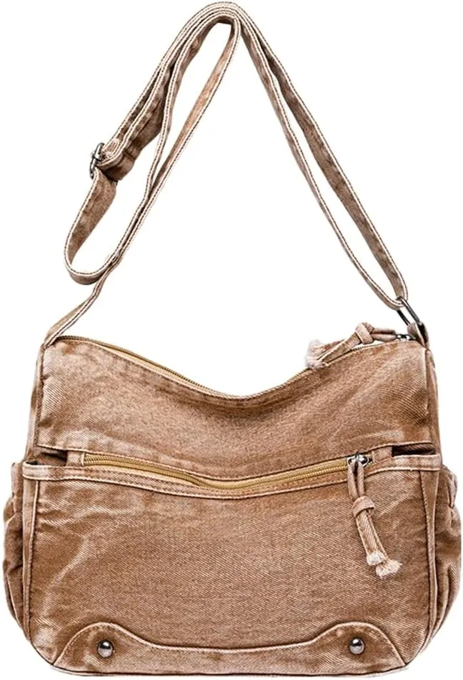 Retro Crossbody Bag for Women Casual Denim Shoulder Bag Soft Canvas Handbags Purses Large Tote Bag