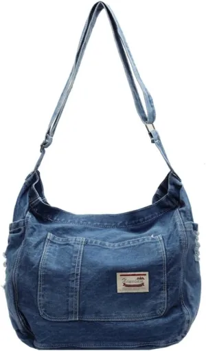 Retro Crossbody Bag for Women Casual Denim Shoulder Bag Soft Canvas Handbags Purses Large Tote Bag