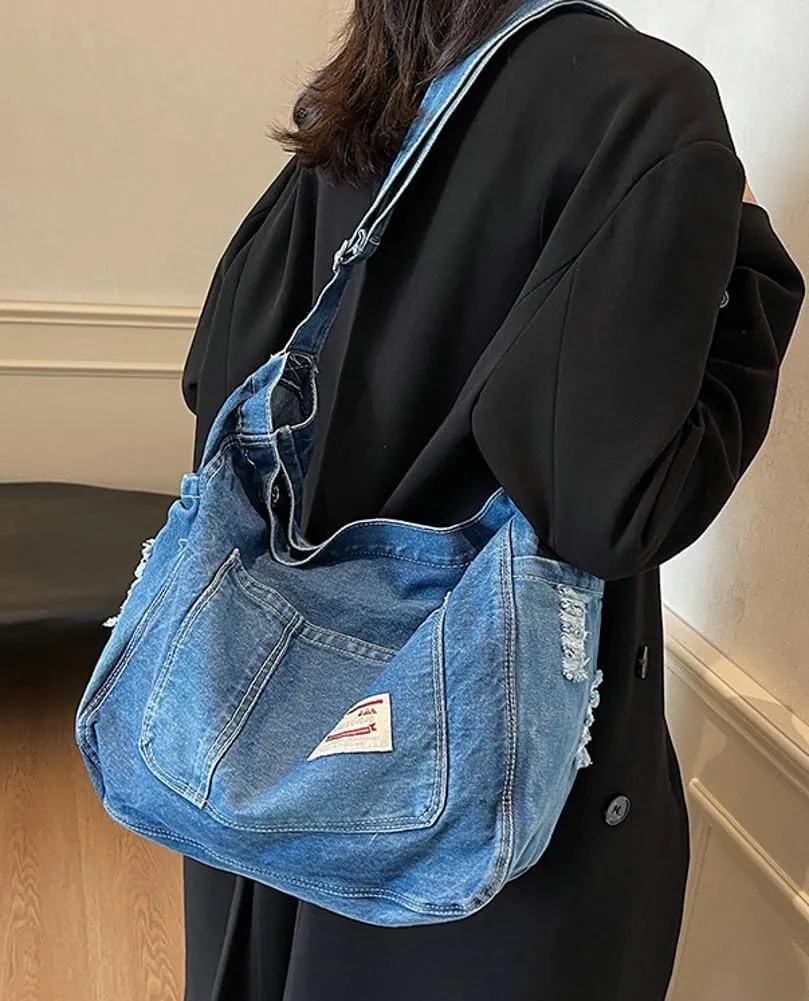 Retro Crossbody Bag for Women Casual Denim Shoulder Bag Soft Canvas Handbags Purses Large Tote Bag