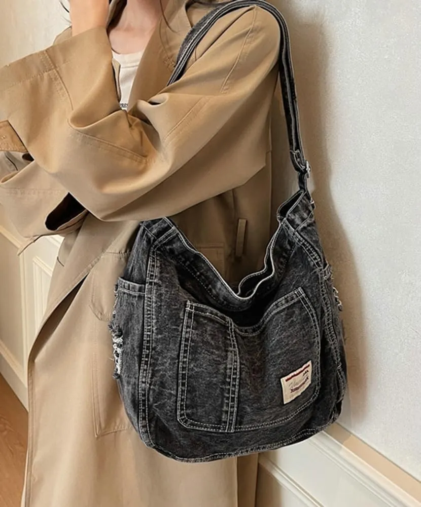 Retro Crossbody Bag for Women Casual Denim Shoulder Bag Soft Canvas Handbags Purses Large Tote Bag