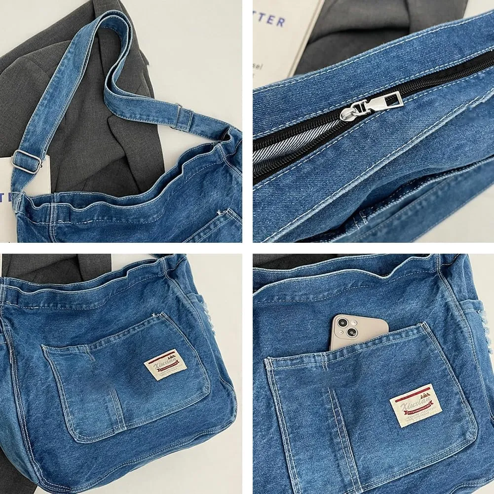 Retro Crossbody Bag for Women Casual Denim Shoulder Bag Soft Canvas Handbags Purses Large Tote Bag