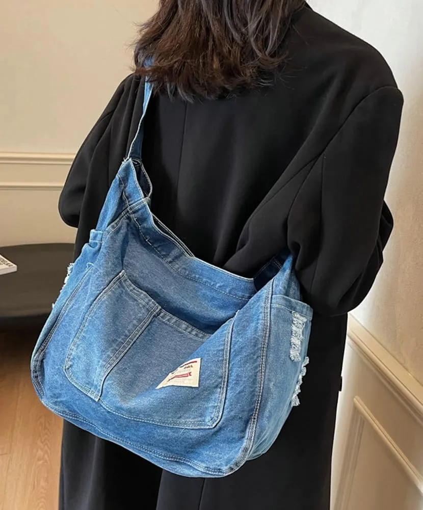 Retro Crossbody Bag for Women Casual Denim Shoulder Bag Soft Canvas Handbags Purses Large Tote Bag