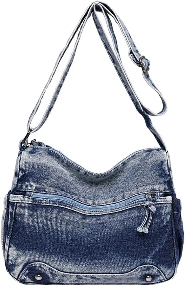 Retro Crossbody Bag for Women Casual Denim Shoulder Bag Soft Canvas Handbags Purses Large Tote Bag