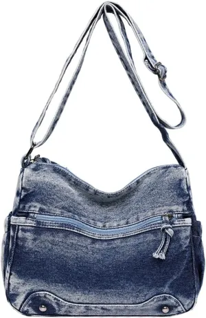 Retro Crossbody Bag for Women Casual Denim Shoulder Bag Soft Canvas Handbags Purses Large Tote Bag