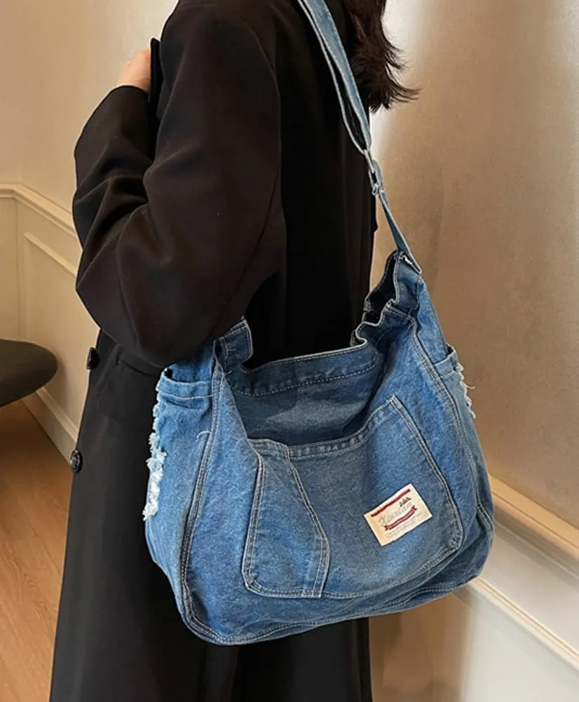 Retro Crossbody Bag for Women Casual Denim Shoulder Bag Soft Canvas Handbags Purses Large Tote Bag