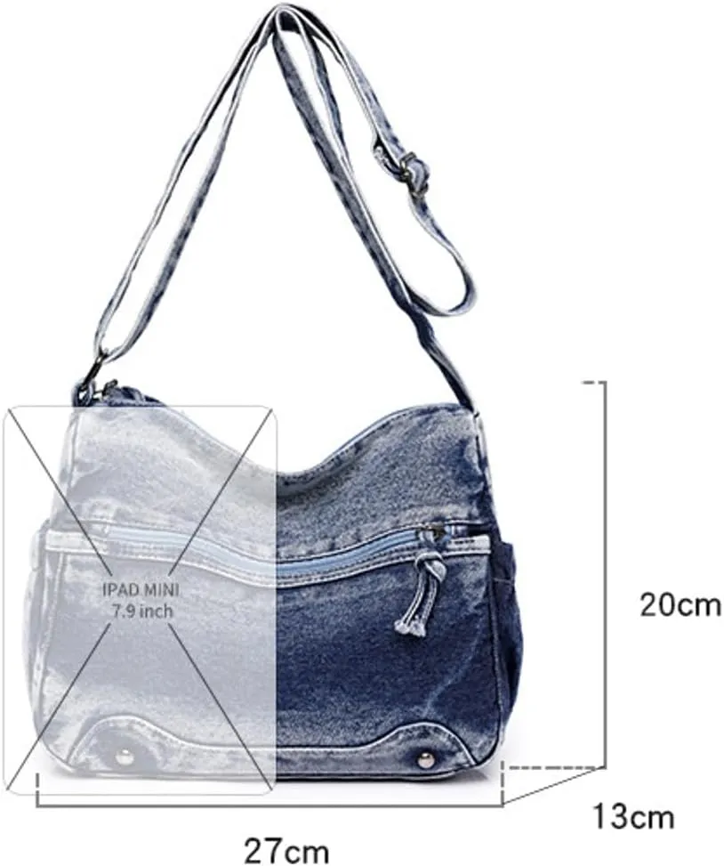 Retro Crossbody Bag for Women Casual Denim Shoulder Bag Soft Canvas Handbags Purses Large Tote Bag