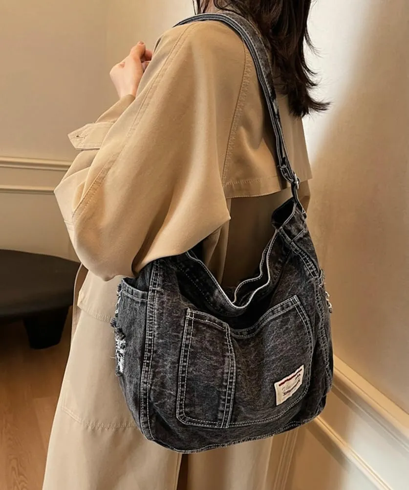 Retro Crossbody Bag for Women Casual Denim Shoulder Bag Soft Canvas Handbags Purses Large Tote Bag