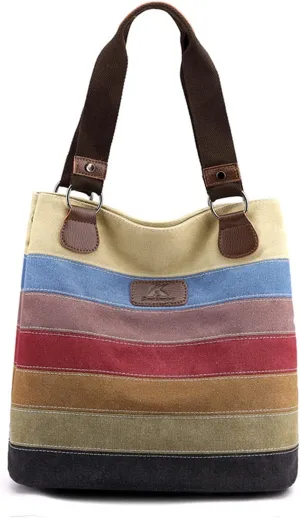 Retro Women's Handbag Multicolor Striped Canvas Tote Bag Large Capacity Shoulder Bag Casual Hobo Bag Top Handle Bag