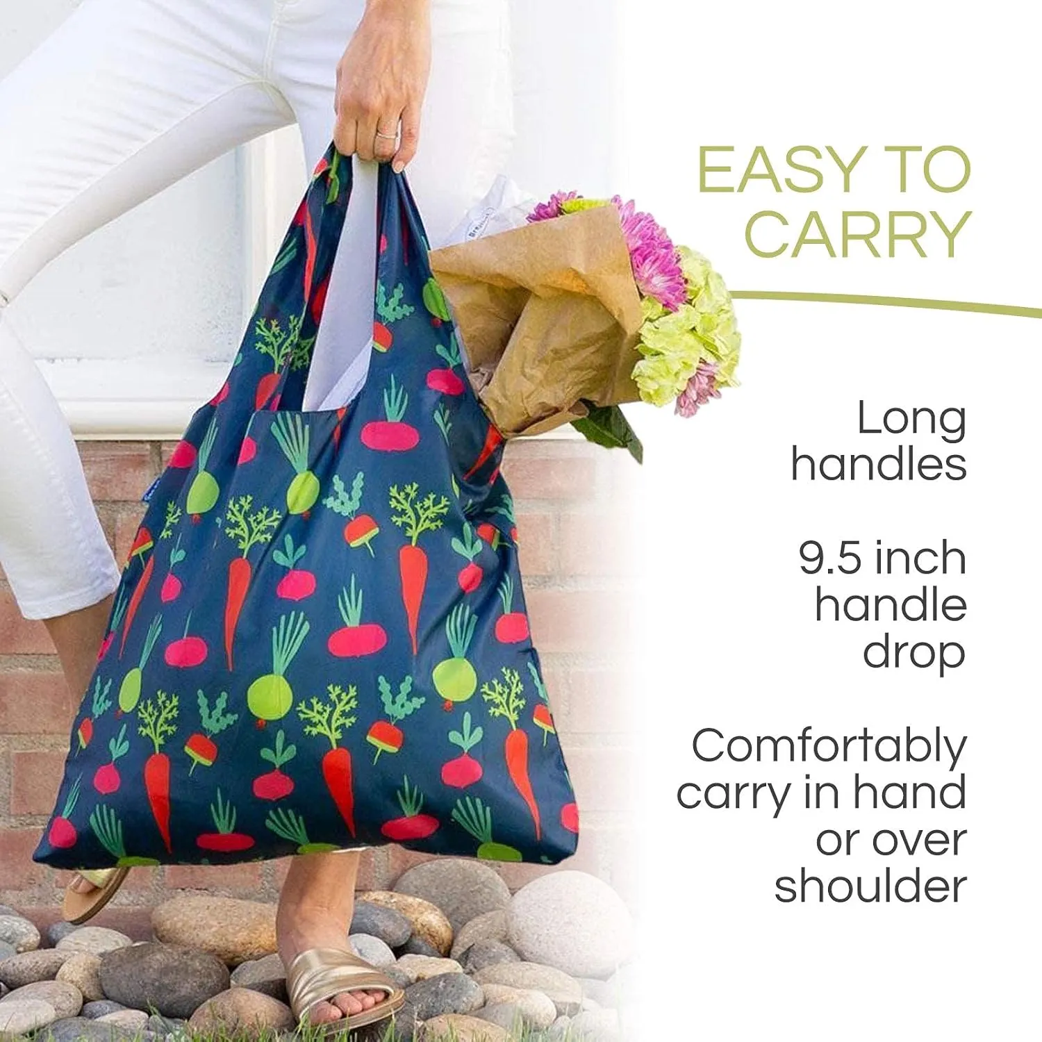 Reusable Grocery Bags - Washable, Foldable, Packable Tote, Large Handles, Heavy Duty, Zippered Top Pouch