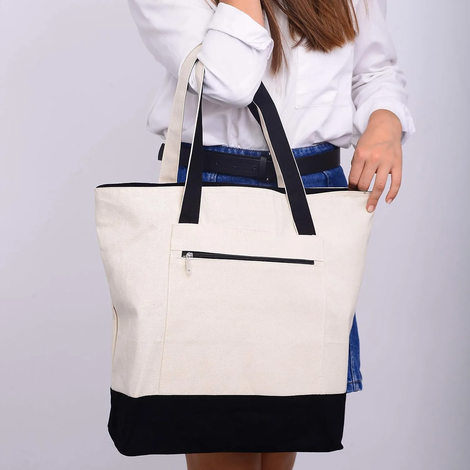 Reusable Heavy Canvas Zippered Tote Bags Two Tone Carry -All w/Zipper Front Pocket for Beach, Pool Visits, Shopping, Travel