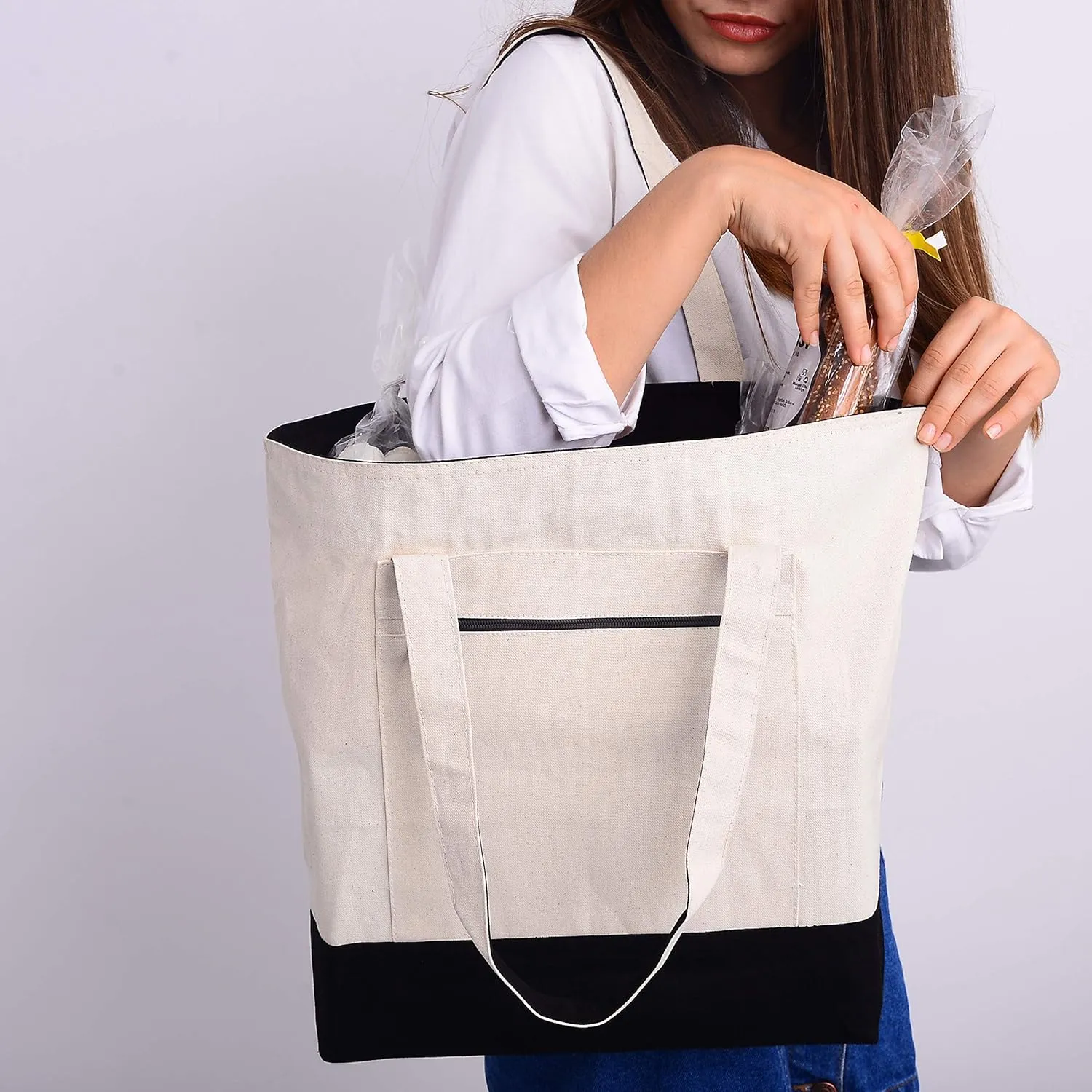 Reusable Heavy Canvas Zippered Tote Bags Two Tone Carry -All w/Zipper Front Pocket for Beach, Pool Visits, Shopping, Travel