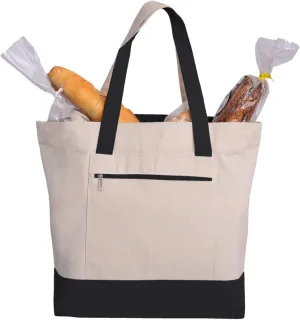 Reusable Heavy Canvas Zippered Tote Bags Two Tone Carry -All w/Zipper Front Pocket for Beach, Pool Visits, Shopping, Travel