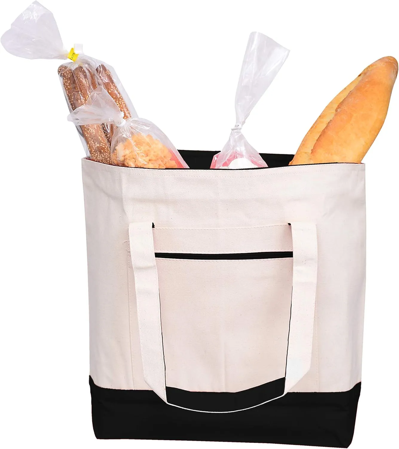 Reusable Heavy Canvas Zippered Tote Bags Two Tone Carry -All w/Zipper Front Pocket for Beach, Pool Visits, Shopping, Travel