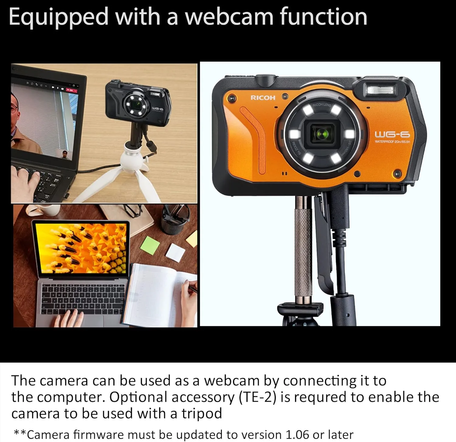 RICOH WG-6 Webcam Black Waterproof Camera 20MP Higher Resolution Images 3-inch LCD Waterproof 20m Shockproof 2.1m Underwater Mode 6-LED Ring Light for Macro Photography