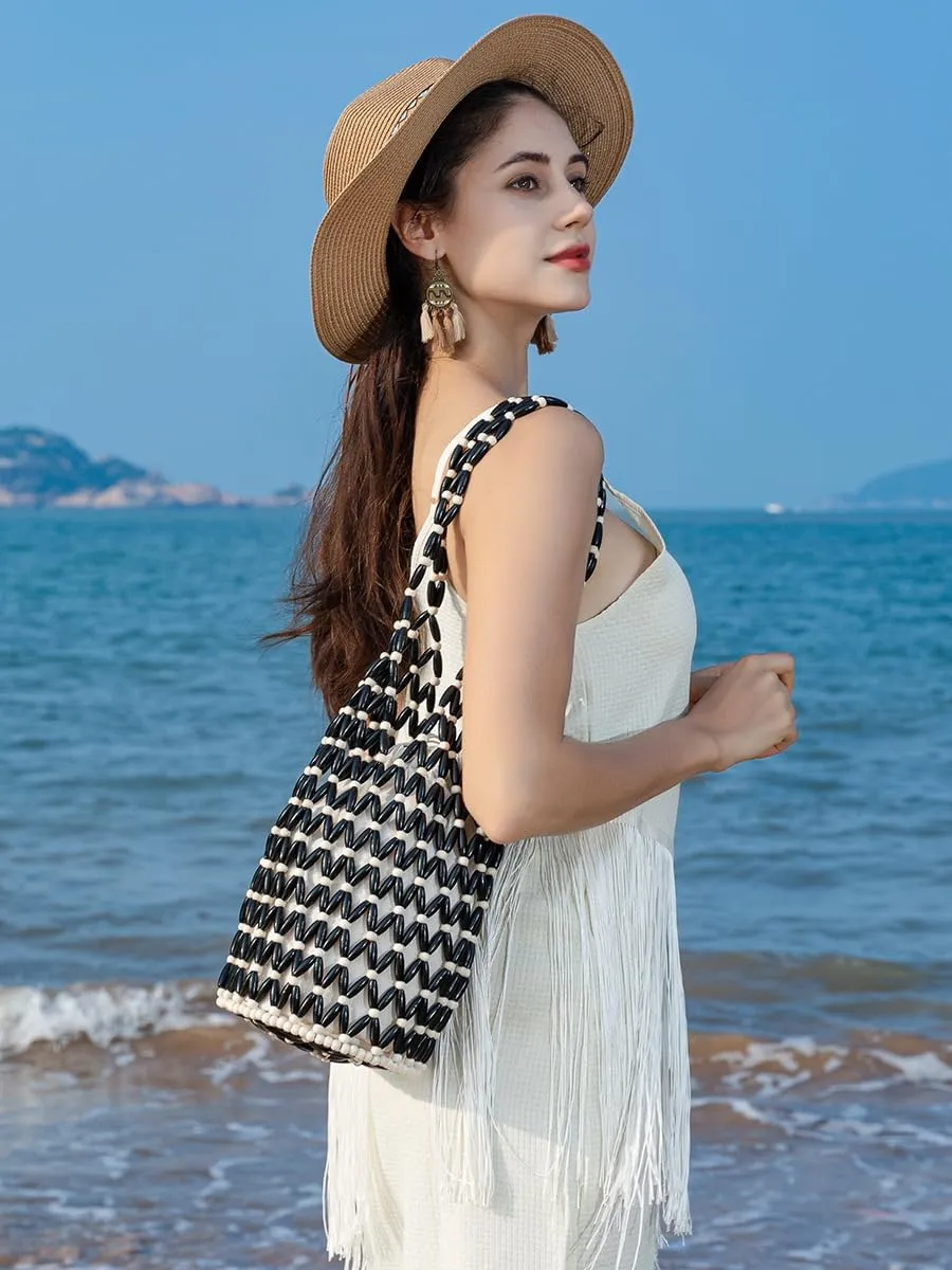 RomanticDesign Women Retro Wooden Handbag Woven Bead Tote Bag Hollow Out Beach Casual Bucket Purse