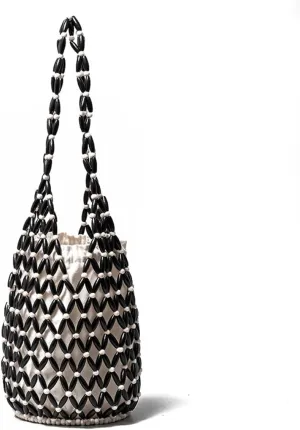 RomanticDesign Women Retro Wooden Handbag Woven Bead Tote Bag Hollow Out Beach Casual Bucket Purse