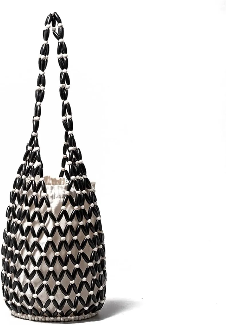 RomanticDesign Women Retro Wooden Handbag Woven Bead Tote Bag Hollow Out Beach Casual Bucket Purse