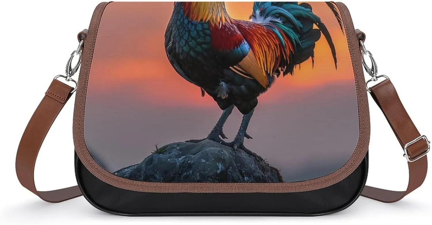 Rooster Sunrise Women's Crossbody Bag Leather Medium Shoulder Handbag Fashion Tote Purse with Adjustable Strap