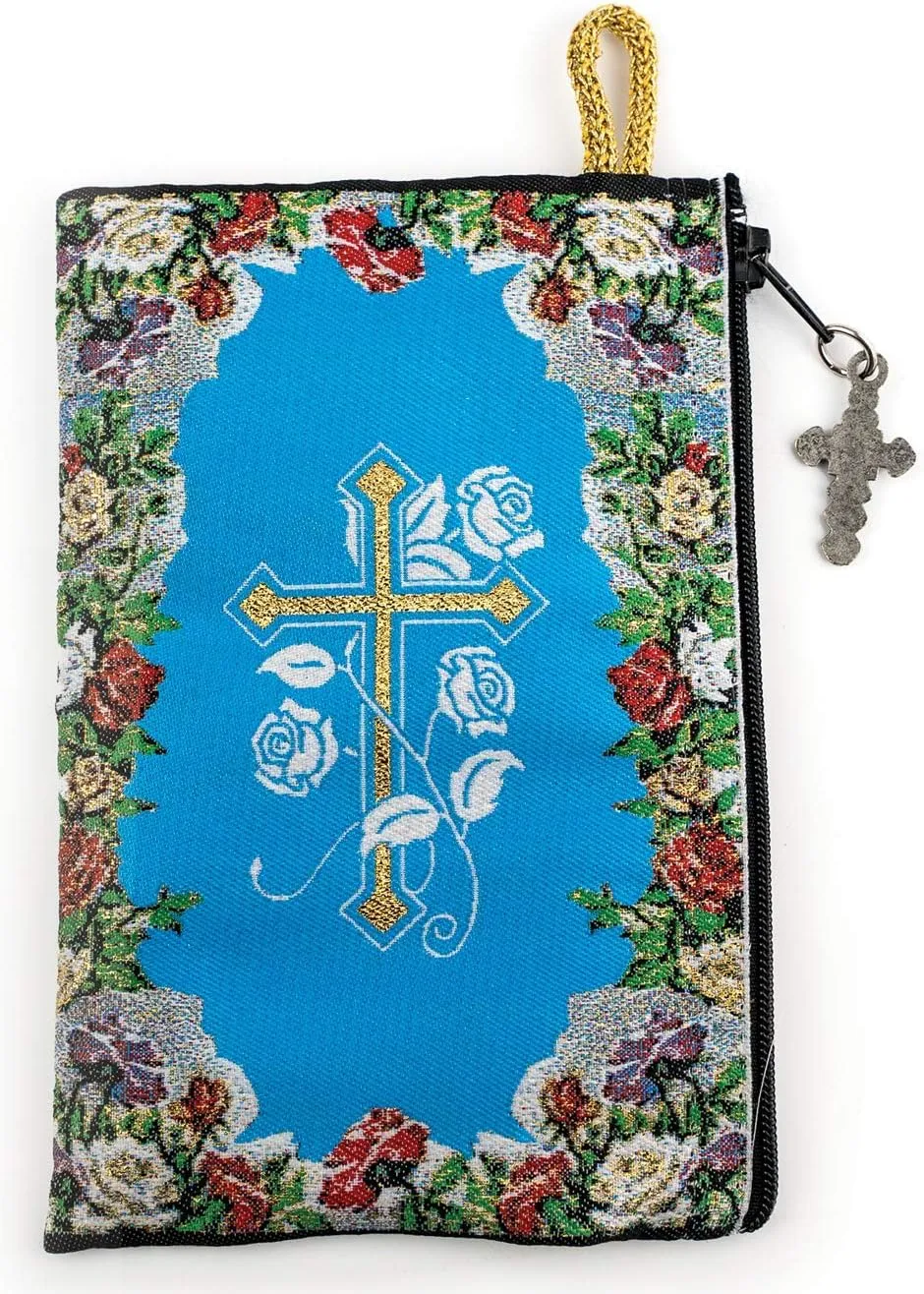 Rosary Pouch with Olive Wood Catholic Rope Rosary from Israel, Our Lady of Guadalupe & Cross with Flowers Woven Fabric Tapestry Style Icon Travel Bag, Religious Catholic Gift Set