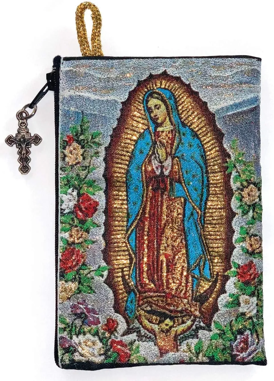 Rosary Pouch with Olive Wood Catholic Rope Rosary from Israel, Our Lady of Guadalupe & Cross with Flowers Woven Fabric Tapestry Style Icon Travel Bag, Religious Catholic Gift Set