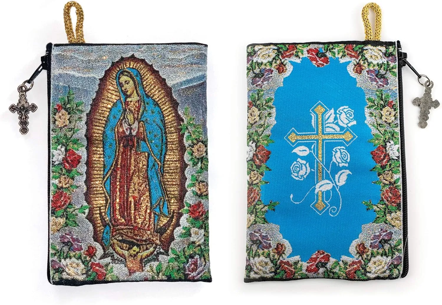Rosary Pouch with Olive Wood Catholic Rope Rosary from Israel, Our Lady of Guadalupe & Cross with Flowers Woven Fabric Tapestry Style Icon Travel Bag, Religious Catholic Gift Set