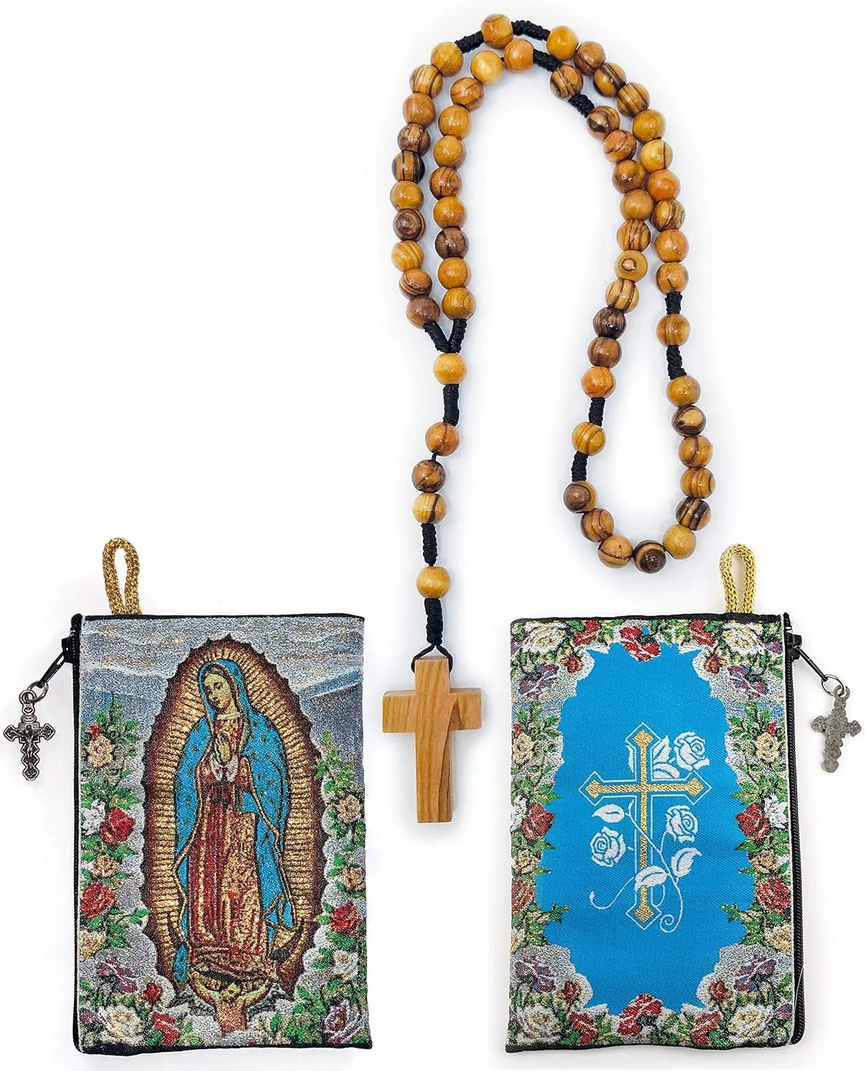 Rosary Pouch with Olive Wood Catholic Rope Rosary from Israel, Our Lady of Guadalupe & Cross with Flowers Woven Fabric Tapestry Style Icon Travel Bag, Religious Catholic Gift Set