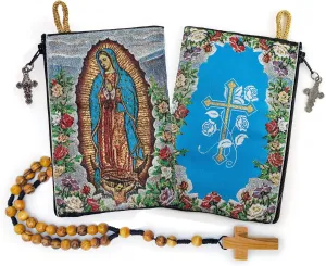 Rosary Pouch with Olive Wood Catholic Rope Rosary from Israel, Our Lady of Guadalupe & Cross with Flowers Woven Fabric Tapestry Style Icon Travel Bag, Religious Catholic Gift Set