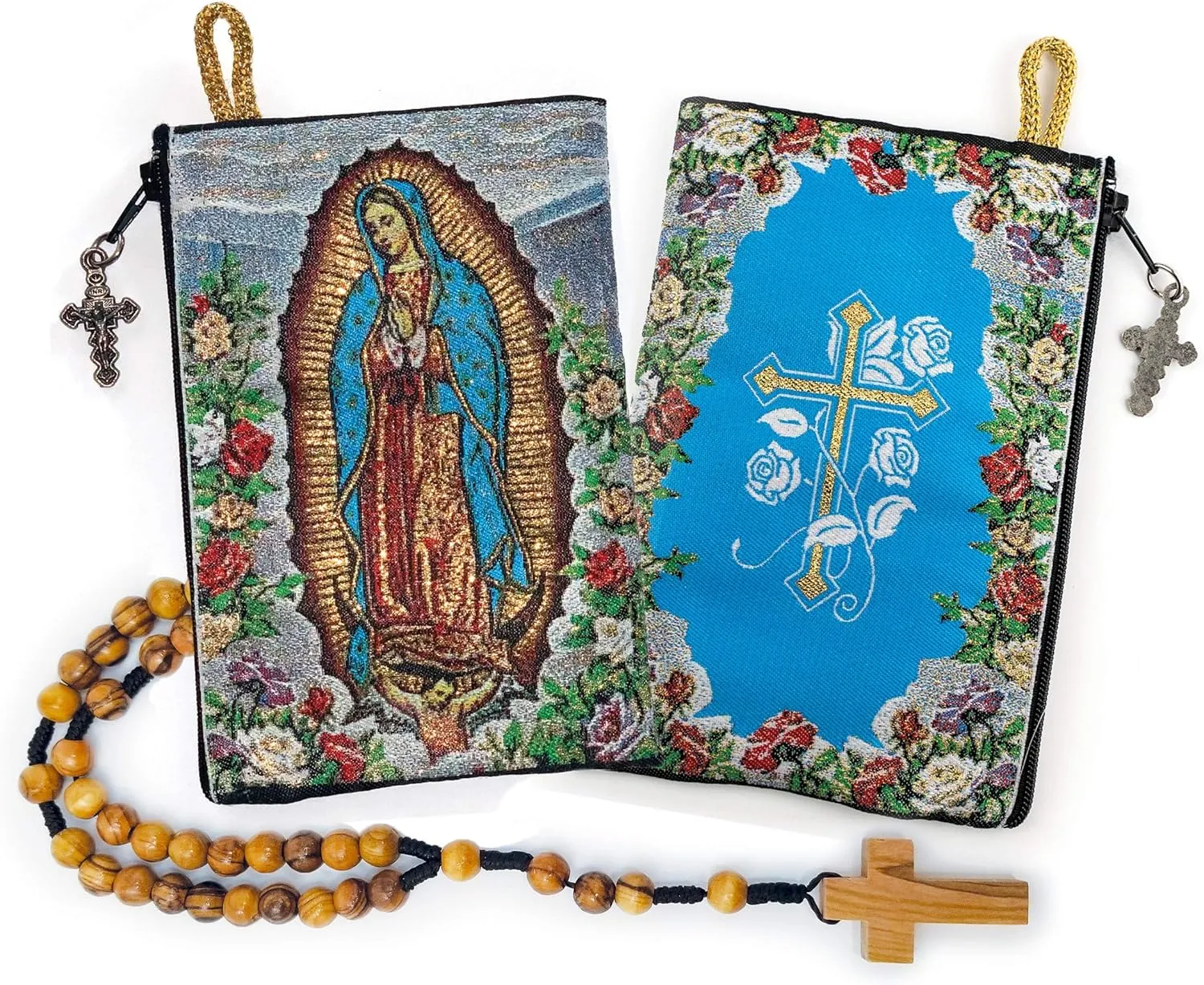 Rosary Pouch with Olive Wood Catholic Rope Rosary from Israel, Our Lady of Guadalupe & Cross with Flowers Woven Fabric Tapestry Style Icon Travel Bag, Religious Catholic Gift Set