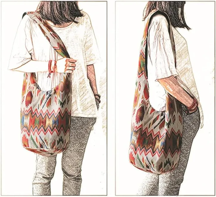 ROUROU Shoulder Bag for women Hippie Crossbody Bag Bohemian Satchel Printed Cotton Linen Hobo Bag Purse