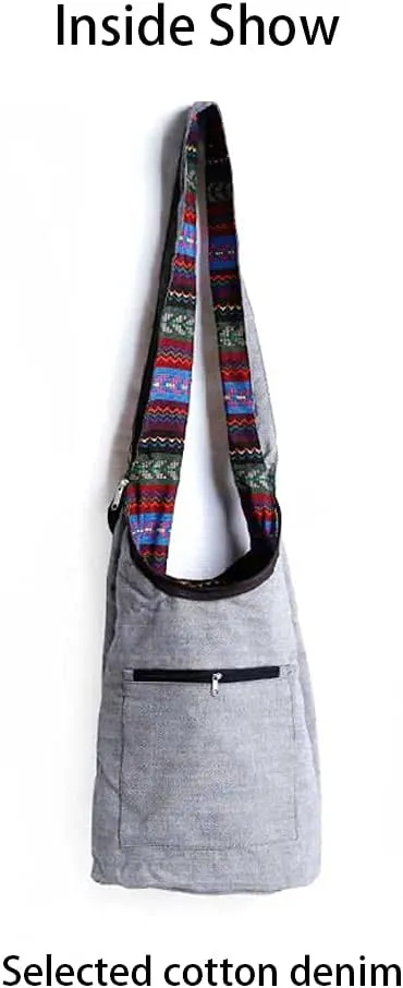 ROUROU Shoulder Bag for women Hippie Crossbody Bag Bohemian Satchel Printed Cotton Linen Hobo Bag Purse