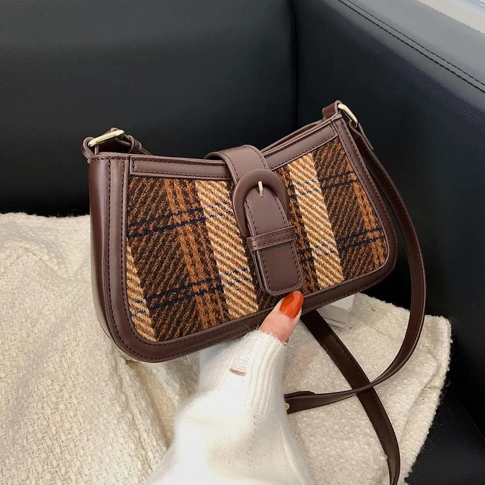 RTGGSEL Women's Contrast Color Plaid Striped Saddle Crossbody Shoulder Underarm Satchel Handbag Tote Clutch Purse Hobo Bag