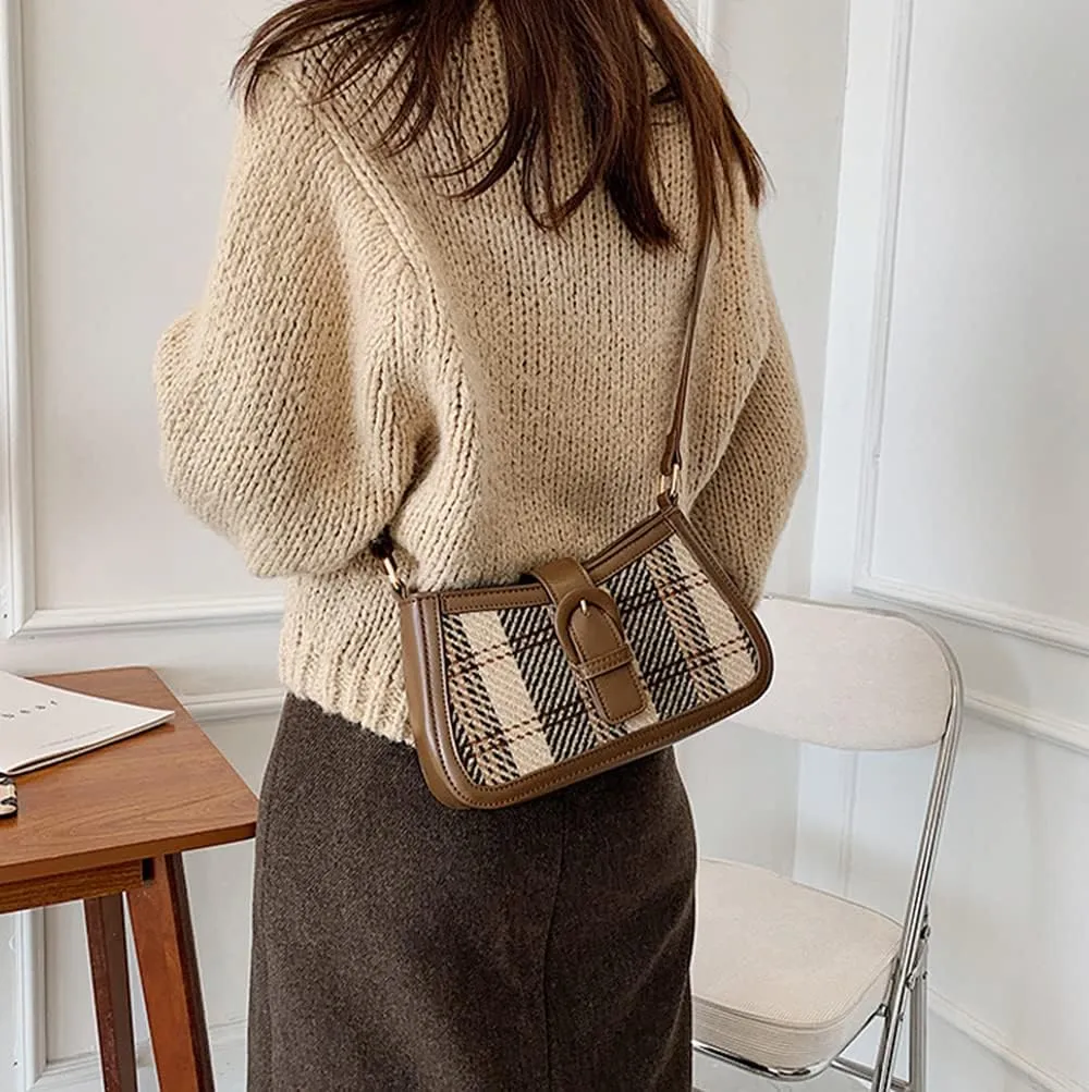 RTGGSEL Women's Contrast Color Plaid Striped Saddle Crossbody Shoulder Underarm Satchel Handbag Tote Clutch Purse Hobo Bag
