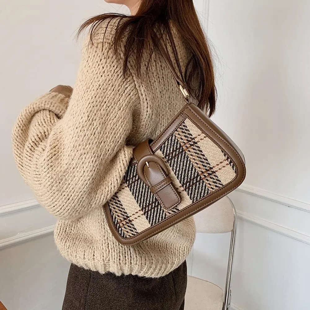 RTGGSEL Women's Contrast Color Plaid Striped Saddle Crossbody Shoulder Underarm Satchel Handbag Tote Clutch Purse Hobo Bag