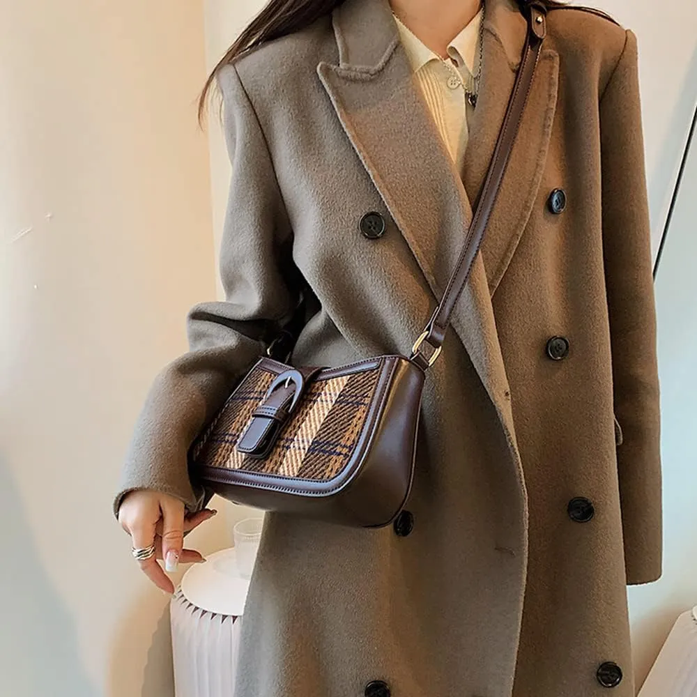 RTGGSEL Women's Contrast Color Plaid Striped Saddle Crossbody Shoulder Underarm Satchel Handbag Tote Clutch Purse Hobo Bag