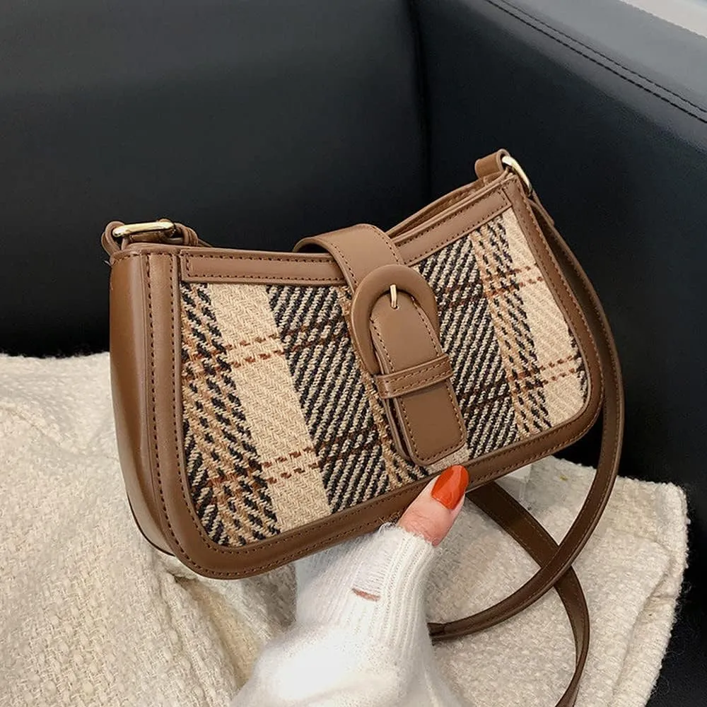 RTGGSEL Women's Contrast Color Plaid Striped Saddle Crossbody Shoulder Underarm Satchel Handbag Tote Clutch Purse Hobo Bag
