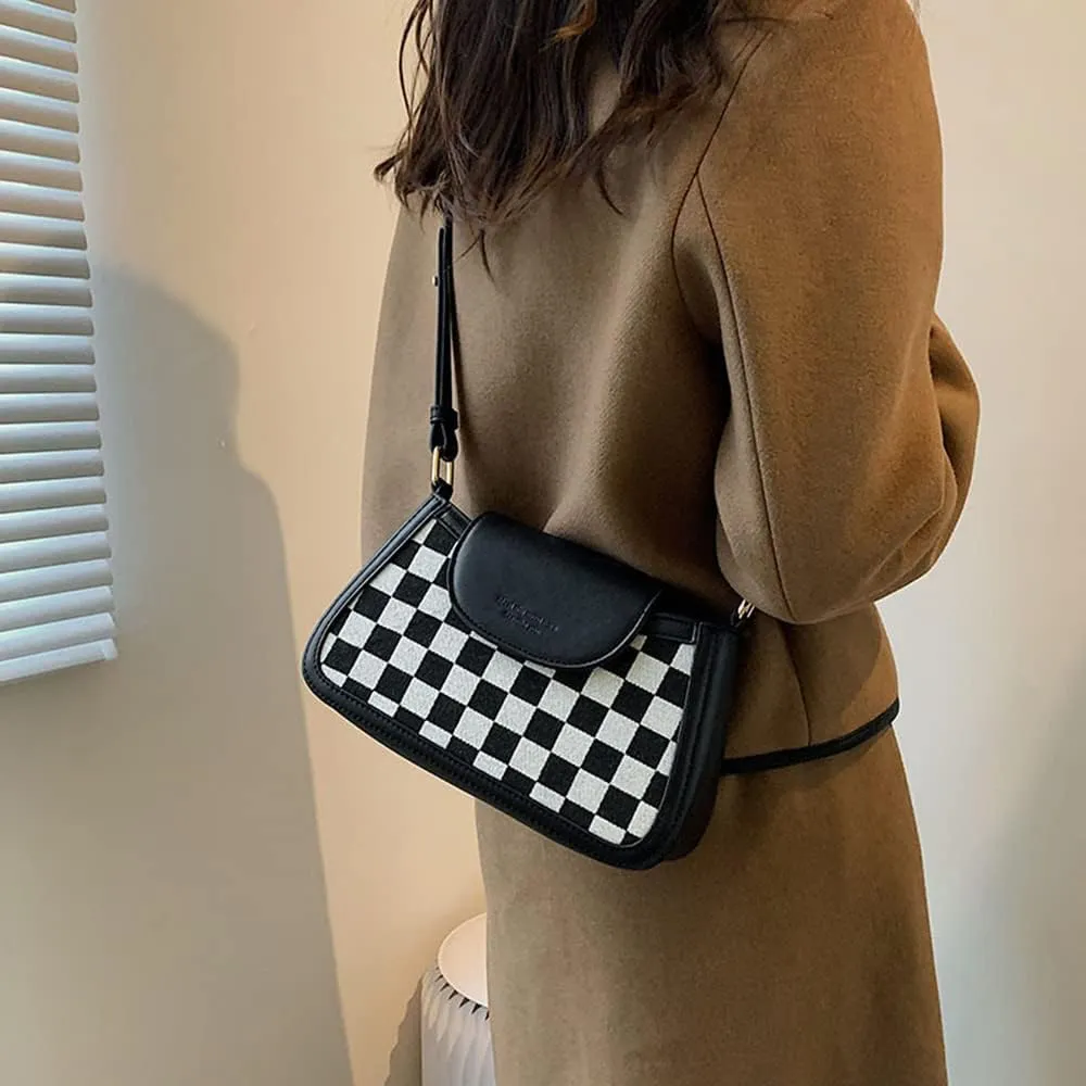 RTGGSEL Women's Contrast Color Plaid Striped Saddle Crossbody Shoulder Underarm Satchel Handbag Tote Clutch Purse Hobo Bag