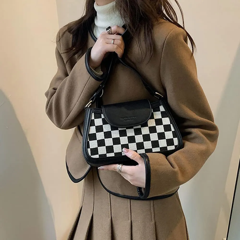 RTGGSEL Women's Contrast Color Plaid Striped Saddle Crossbody Shoulder Underarm Satchel Handbag Tote Clutch Purse Hobo Bag