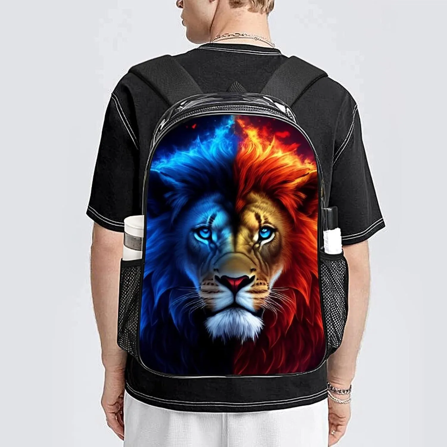 Rucksack Anti-Theft Multipurpose Large Capacity Carry On Bag - Cool Lion Blue And Red Fire Surreal Style Art Travel Hiking Day Pack Transparent Bag