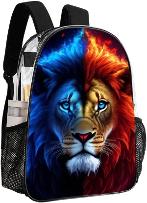 Rucksack Anti-Theft Multipurpose Large Capacity Carry On Bag - Cool Lion Blue And Red Fire Surreal Style Art Travel Hiking Day Pack Transparent Bag